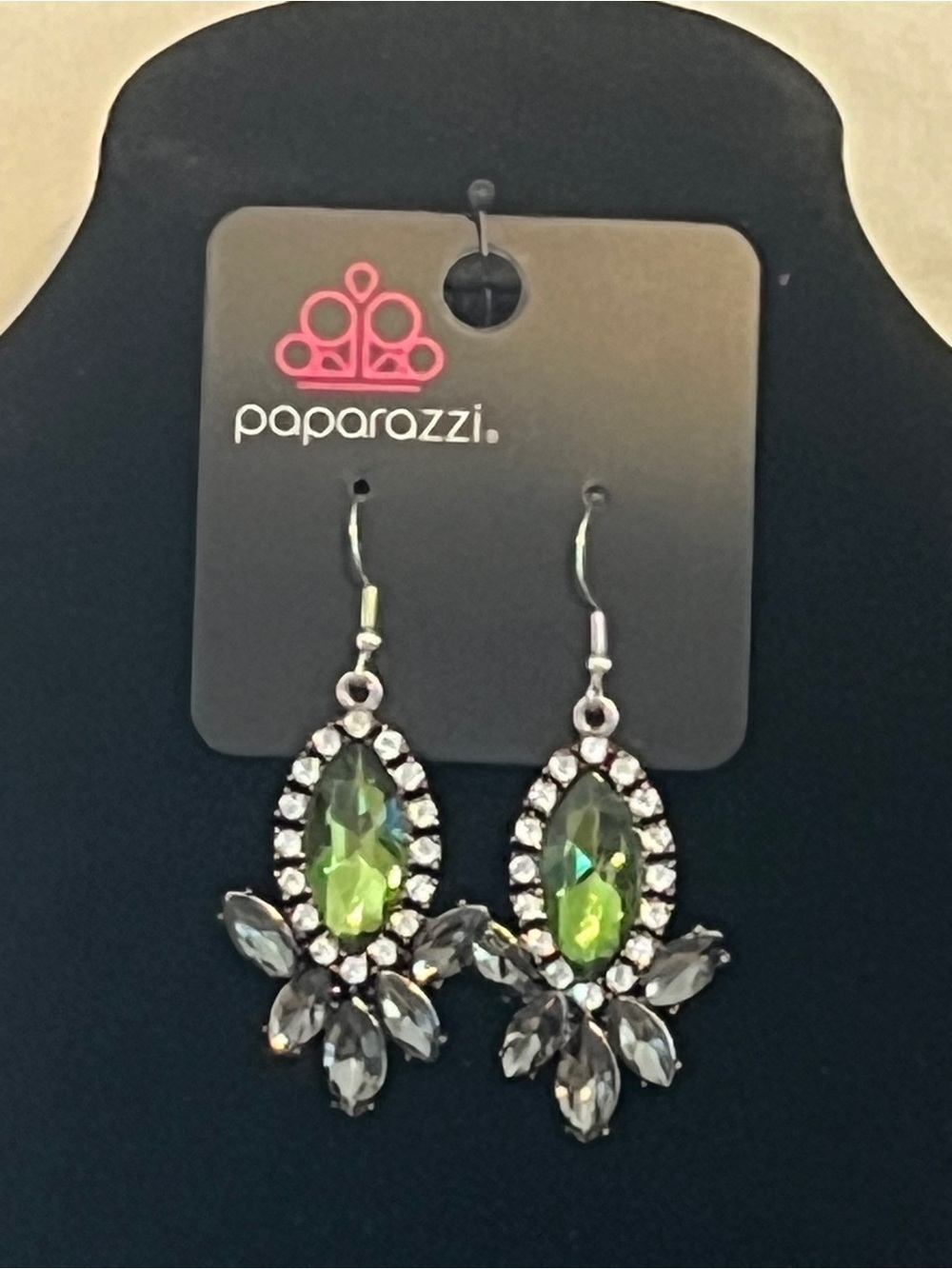 Paparazzi Lime Green and Smoke Crystal Drop Earrings